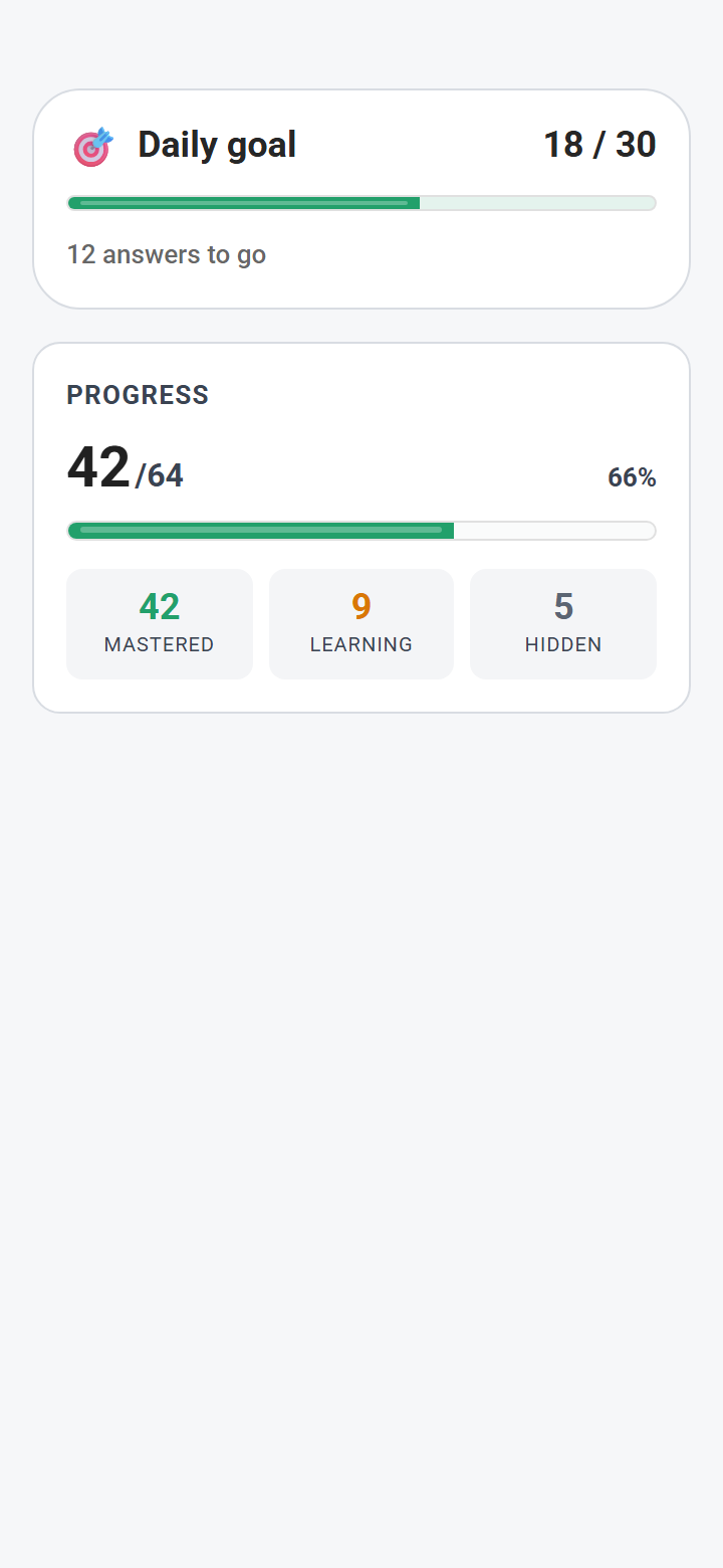 Zunoku progress — daily goal and per-set mastery