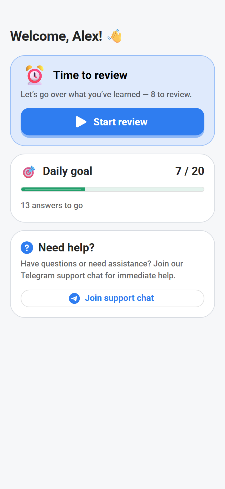 Zunoku home screen — review reminder, daily goal, and quick-start cards